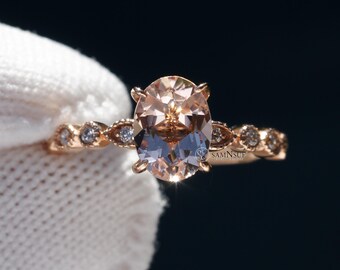 Oval Cut Morganite Engagement Ring With Diamond Dainty Vintage Style Diamond Band - The Ivy (1.47ct. tw.)