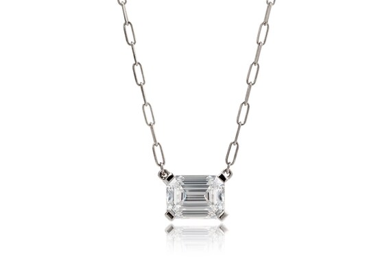 Emerald Cut Diamond Solitaire Pendant Paper Clip Style Necklace