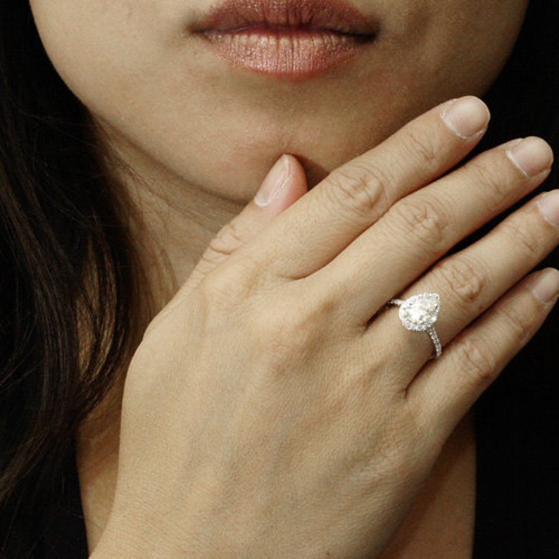 Pear Moissanite Engagement Ring Diamond Halo And Half Eternity image 2