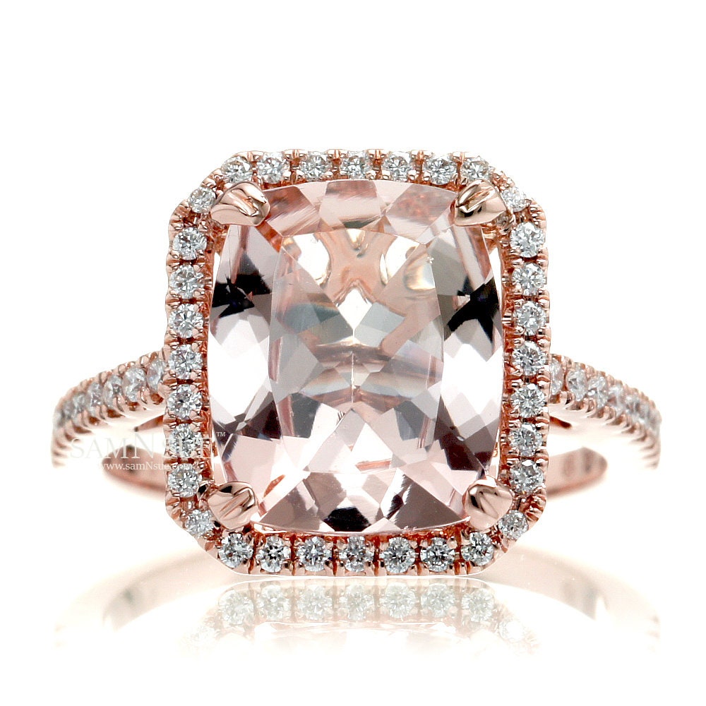 Cushion Morganite Engagement Ring Rose Gold Diamond Halo | Etsy