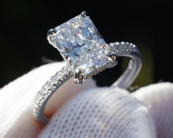 Radiant Cut Diamond Solitaire Engagement Ring Hidden Halo 1.9mm Band 18k white Gold 2.34 carat E-VVS2 (Lab Grown)