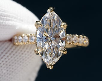 Marquise cut diamond engagement ring with hidden halo and diamond band (3.32ct tw - 2.8mm band)