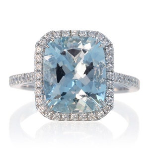 14K White Gold 11x9 Cushion Cut Aquamarine Diamond Halo Solitaire Engagement Ring