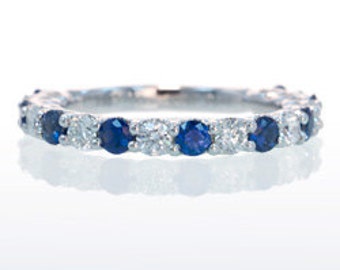 18 Karat White Gold Alternating Sapphire and Diamond Anniversary Wedding Engagement Something Blue Band Ring