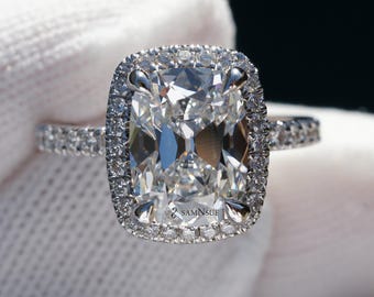 Cushion old mine cut diamond engagement ring with halo diamond band (3.31ct tw - 1.9mm band)