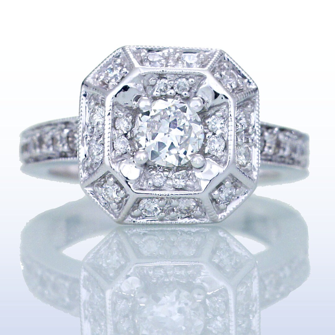White Gold Old Miner's Cut Diamond Halo Engagement Bridal - Etsy