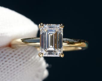 Emerald cut diamond engagement ring with hidden halo solid band (1.57ct tw - 2mm band)
