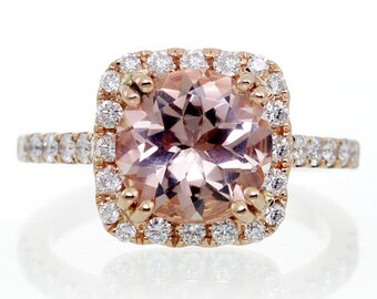 18K Rose Gold Cushion Diamond Halo Round 8mm Morganite Engagement Anniversary Stackable Ring