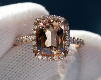 Cushion Cut Morganite Engagement Ring With Diamond Halo & Band Comfort Fit - The Drenched (2.59ct. tw.)