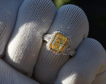 Radiant Cut Fancy Vivid Yellow Diamond Bezel Engagement Ring Halo Design Band 18k White Gold 3.45 carat VVS2 (Lab Grown)