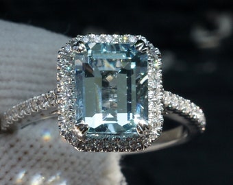 Emerald Cut Solitaire Aquamarine Engagement Ring in platinum with diamond halo and band 9x7mm (2.27 carats) - The Signature Ring