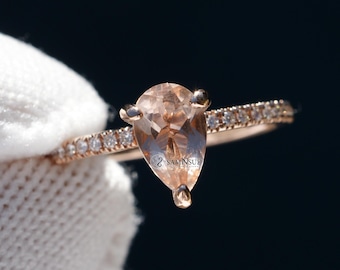 Pear Cut Morganite Engagement Ring With Diamond Dainty Diamond Band & Prongs - The Ivy (0.89ct. tw.)