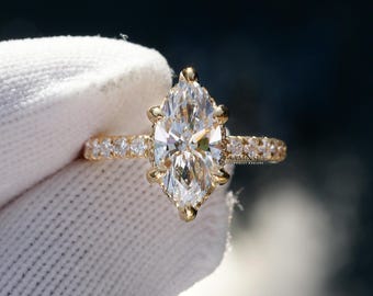 Marquise Cut Diamond Solitaire Drenched Engagement Ring Six Prongs 2.3mm Band 18k Yellow Gold 2.83 carat D-VVS1 (Lab Grown)