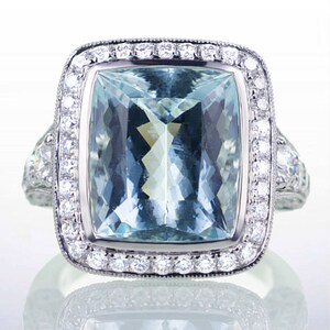 LARGE Custom Aquamarine Cushion Cut Diamond Halo Pave Designer Style Engagement Wedding Anniversary Cocktail Ring