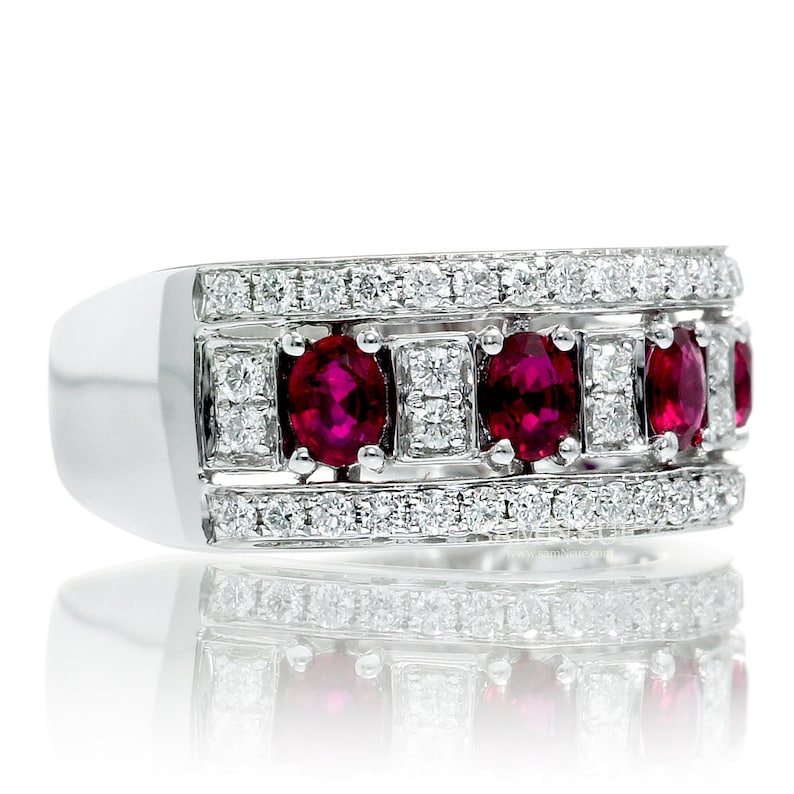 18K White Gold Ruby and Diamond Five Stone Anniversary Band Etsy