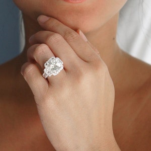 18K Cushion Halo 11x9 Radiant Cut True Light Moissanite Three Stone Style Engagement Bridal Anniversary RIng image 5