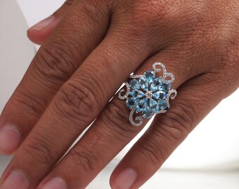 Frozen Snowflake Blue Topaz Ring | Diamond Swirls 18k White Gold Setting | Cluster Cocktail Ring