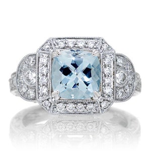 White Gold Aquamarine Vintage Style Halo Three Stone Engagement Anniversary Band Wedding Ring