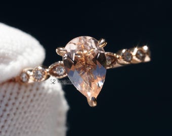 Pear Cut Morganite Engagement Ring With Diamond Dainty Vintage Style Diamond Band - The Ivy (1.30ct. tw.)