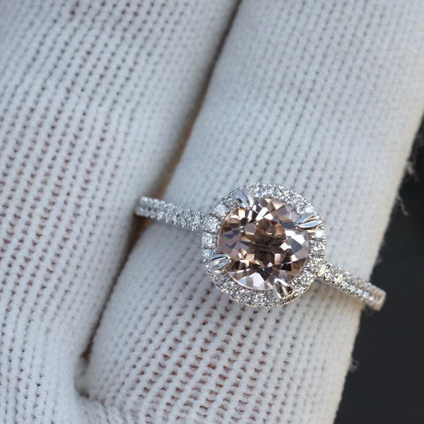 Round Solitaire Morganite Engagement Ring in 18k white gold with diamond halo and band 7mm (1.21 carats) - The Signature Ring