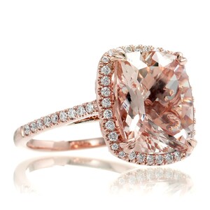 Morganite Ring Large Cushion Diamond Halo and Band Engagement Setting Rose Gold 12x10 Peachy Pink Fine Genuine Gemstone image 4