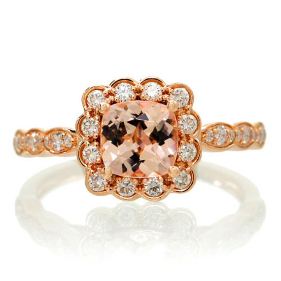 18k Rose Gold 6mm Cushion Cut Diamond Halo Vintage Style Etsy