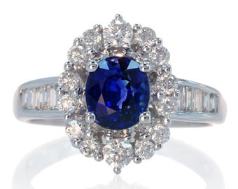 18 Karat White Gold Blue Ceylon Sapphire Ballerina Diamond Halo Solitaire Engagement Wedding Anniversary Ring