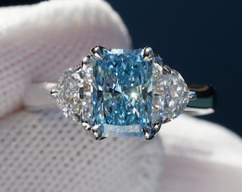 Radiant Cut Fancy Vivid Blue Diamond Engagement Ring Three Stone Half moon 18k White Gold (2.56ct. tw.)