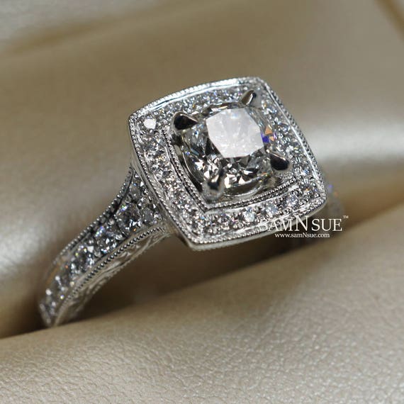 14 Karat White Gold Cushion Cut Diamond Halo Engagement Ring Etsy