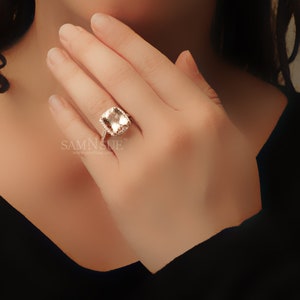 Morganite Ring Large Cushion Diamond Halo and Band Engagement Setting Rose Gold 12x10 Peachy Pink Fine Genuine Gemstone image 5