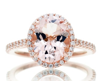 14 Karat Rose Gold Oval Cut 10x8 Morganite Diamond Halo Stacking Gemstone Engagement Ring