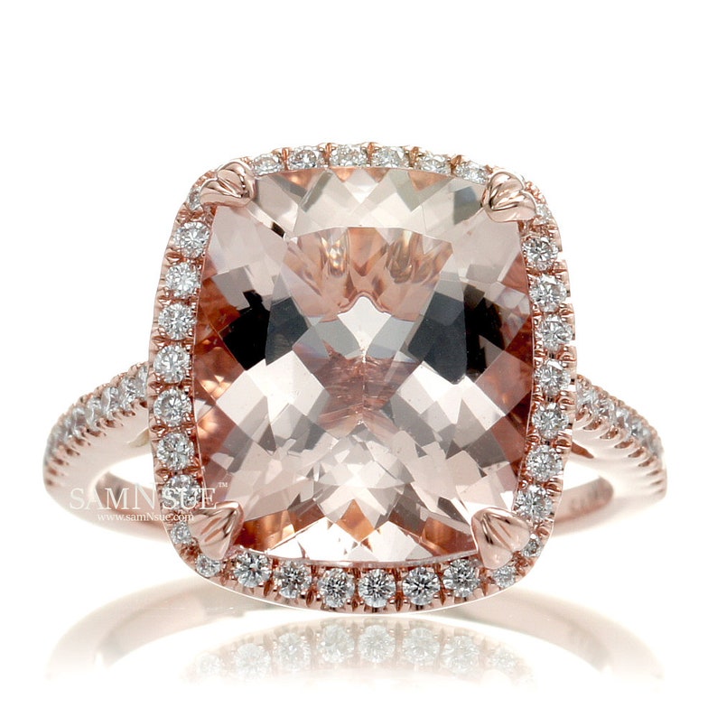 Morganite Ring Large Cushion Diamond Halo and Band Engagement Setting Rose Gold 12x10 Peachy Pink Fine Genuine Gemstone image 1