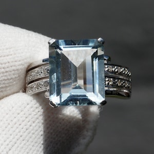 Emerald Step Cut Aquamarine Ring Large Center Stone Wide