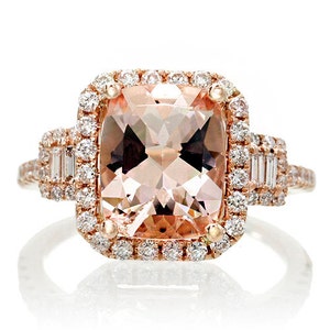18K Rose Gold 10x8 Cushion Cut Diamond Halo Three Stone Morganite Engagement Ring Bridal Alternative Wedding Anniversary Jewelry Ring
