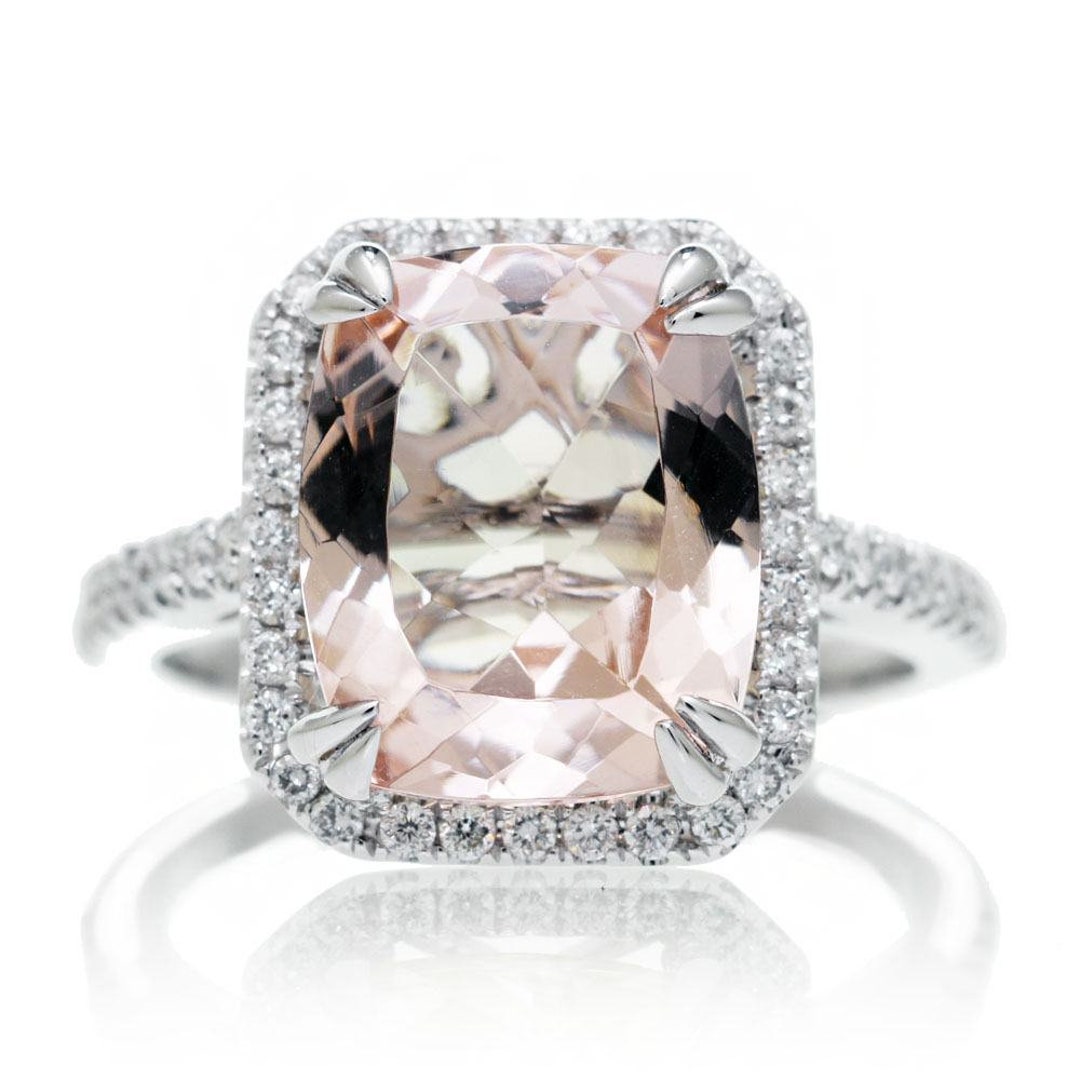 Morganite Engagement Ring Peachy Pink Cushion Diamond Halo and Band ...