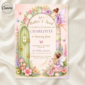 May include: A birthday invitation card featuring a green arched door, pink flowers, and two fairies with purple wings. The text reads: Let's Flutter & Twirl to celebrate the birthday girl Charlotte is turning four, Saturday 17 October 10:00 AM, The Willow Garden, 18 Petal Lane, Bloomvale QLD 4000, Kindly reply by 3 October, Emma | 0491 570 006.