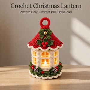 May include: A crochet Christmas lantern with the text Crochet Christmas Lantern Pattern Only Instant PDF Download. The lantern features a red roof with green holly leaves, red berries, and a gold bell, with a cream-colored base and a lit candle.