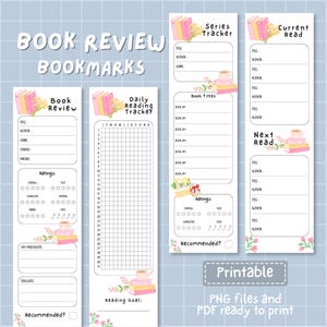 May include: Four vertical bookmarks featuring book review, daily reading tracker, series tracker, and current read templates. Each bookmark includes illustrations of stacked books, flowers, and coffee cups with text fields for titles, authors, and ratings.