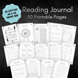 May include: A collection of 50 printable reading journal pages in US Letter, A4, and A5 sizes. The black and white sheets feature various trackers for books, series, audiobooks, and monthly favorites, with decorative illustrations of bookshelves.