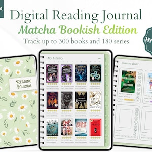 May include: A digital reading journal titled Matcha Bookish Edition with a light green daisy pattern cover. The interface displays a library page with book covers, star ratings, and a current read section with progress trackers and emoji icons.