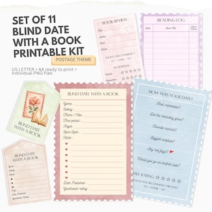 May include: A set of 11 printable pages for a blind date with a book kit featuring a postage theme. The collection includes various reading logs, book review forms, and date evaluation sheets in pastel colors with scalloped edges and text.