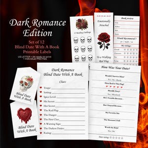 May include: A set of printable Dark Romance Edition labels for a Blind Date With A Book, including reading challenge trackers with skulls, bookmarks with roses, book review forms, and clue sheets with red heart icons on a white paper background.
