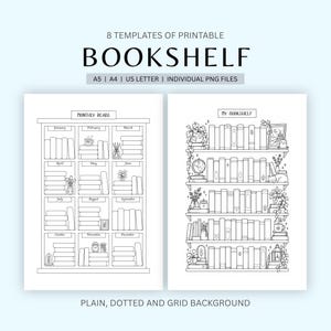 May include: Eight printable bookshelf templates featuring black and white line art. One design shows monthly reading logs for January through December, while the other displays a detailed bookshelf with books, plants, and decor items.