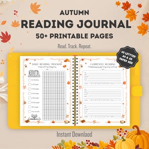 May include: An autumn reading journal with 50+ printable pages, featuring a daily reading tracker and currently reading sections. The spiral-bound planner includes fall-themed illustrations and text indicating US letter, A4, and A5 paper sizes.
