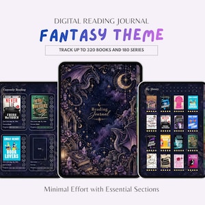 Könnte beinhalten: Ein digitales Lesetagebuch mit Fantasy-Motiv, das drei Tablet-Bildschirme mit Buch-Tracking-Seiten zeigt. Das Cover-Design zeigt einen dunkelvioletten Nachthimmel mit Drachen, einer Mondsichel und Sternen. Der Text lautet "DIGITAL READING JOURNAL FANTASY THEME TRACK UP TO 320 BOOKS AND 180 SERIES" und "Minimal Effort with Essential Sections."