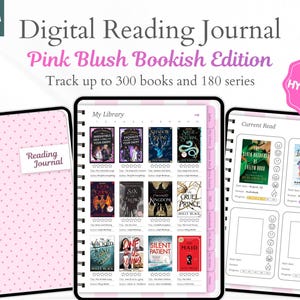 May include: A digital reading journal in a pink blush edition featuring a polka dot cover, a library page with book covers and star ratings, and a current read page with progress trackers. The interface includes tabs and full hyperlinks.