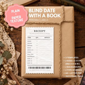 May include: A printable label template for a blind date with a book, featuring a receipt design with fields for genre, tropes, setting, mood, spice level, pages, publication year, Goodreads, and three hints, with a barcode and text.