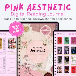 Może przedstawiać: Cyfrowy dziennik czytelnika wyświetlony na trzech ekranach tabletów. Tekst zawiera napisy PINK AESTHETIC Digital Reading Journal, Track up to 320 book reviews and 160 book series, UP TO 320 BOOKS, Currently Reading, My Reading Journal oraz My library.