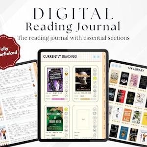 以下が含まれることがあります： 3つのタブレット画面に表示されたデジタル読書ジャーナル。インターフェースには「Digital Reading Journal」、「Currently Reading」、「My Library」というタイトルのセクションがあり、本の表紙、星評価、読書進捗を記録するためのテキストフィールドが含まれています。