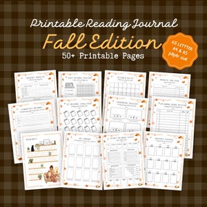May include: A printable reading journal Fall Edition with 50+ pages featuring various trackers, challenges, and logs. The collection includes sheets for monthly wrap-ups, daily reading, audiobook tracking, and book releases, all with autumn-themed borders.
